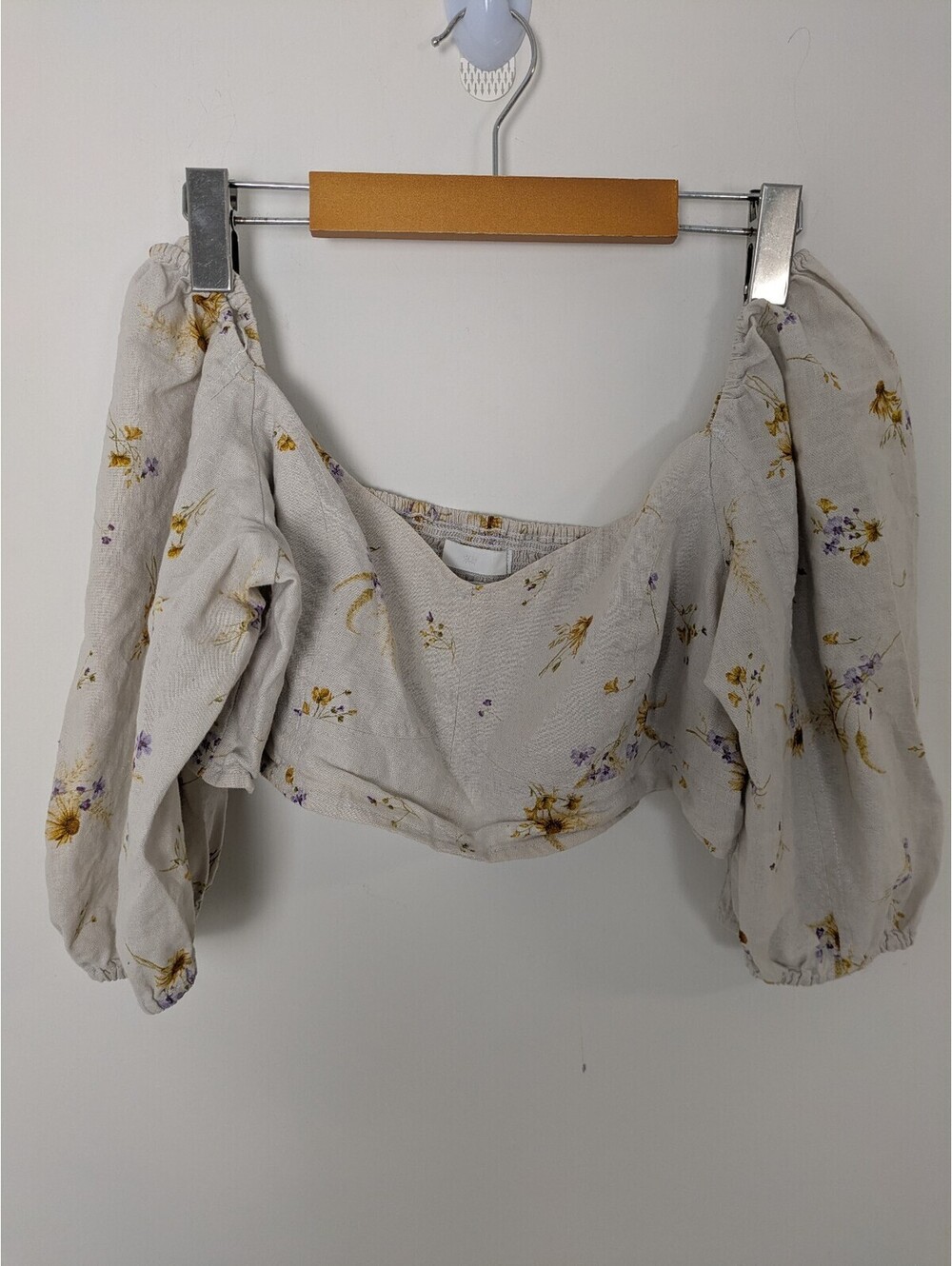 H&M Floral Linen Blend Off the Shoulder Puff Sleeve Smocked Crop Top Blouse L